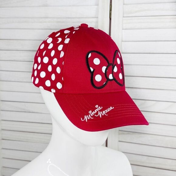 Disney Minnie Mouse Polkadot Baseball Cap Hat Red White Bow Adjustable - Picture 1 of 12